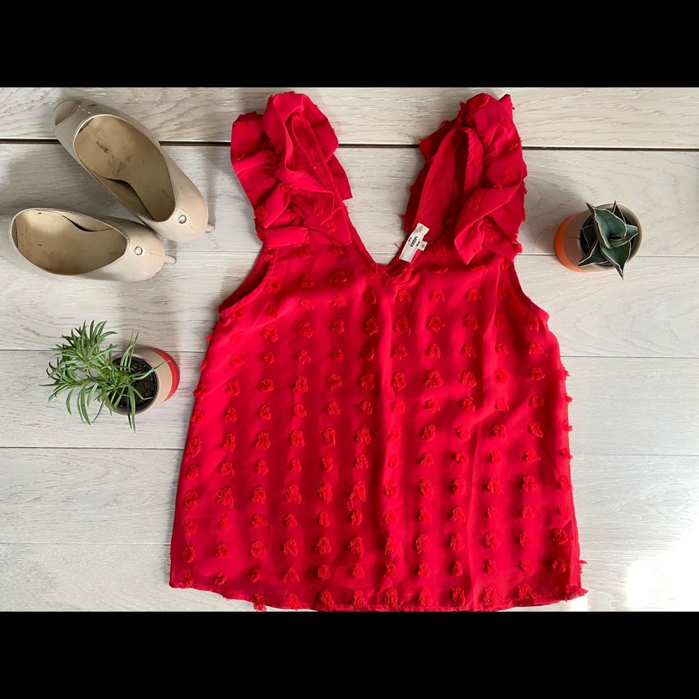Solid Dotted Swiss Red Ruffled Tank